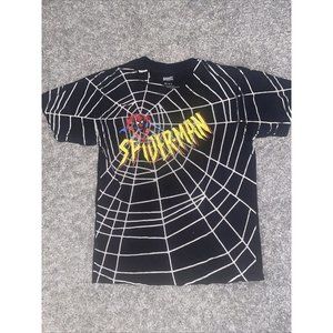 Vintage Mens Marvel Spider-Man AOP All Over Print Shirt Size Medium Black